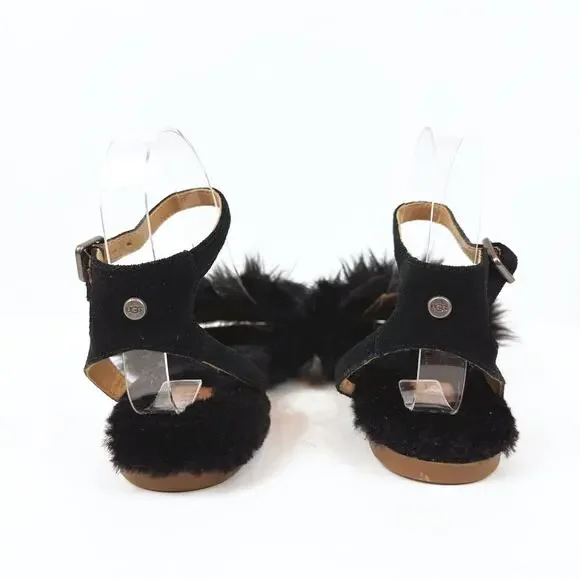 UGG Fluff Fur Black Sandal Women's Size 6 Sheepskin Suede Comfort Unique Cozy - Picture 5 of 7